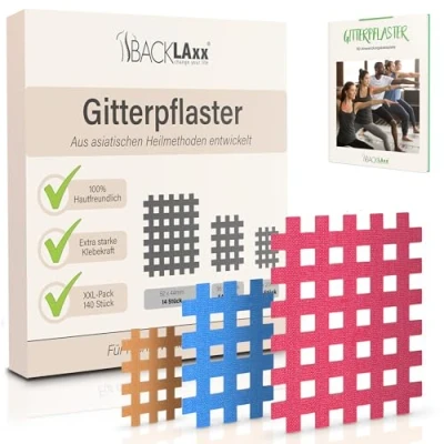 Abbildung von BACKLAXX ® Gittertape 140 Stück Premium Qualität Gitterpflaster Set in 3 Größen Typ a b c GRATIS umfangreiches eBook mit 60 Anwendungsbeispielen Akupunkturpflaster Cross Tape