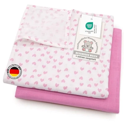 Abbildung von ZOLLNER 2er Set Musselin Spucktücher in 120x120 cm aus Baumwolle weiche und hautfreundliche Mulltücher rosa mit Geschenkbox waschbar bis 60C Oeko Tex® zertifiziert