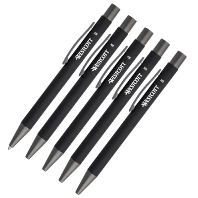 Abbildung von Westcott PRIMESOFT Kugelschreiber 5 Stück 5er Set Schwarze Premium aus Aluminium Dokumentenecht mit schwarzer Tinte Strichstärke XB 1,4 mm E 745006 00