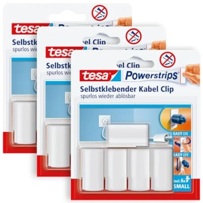 Abbildung von tesa Powerstrips Kabelclip im 3er Pack Kabel Clip selbstklebend Zur Fixierung von Kabeln In Weiß 3 x 5 Clips
