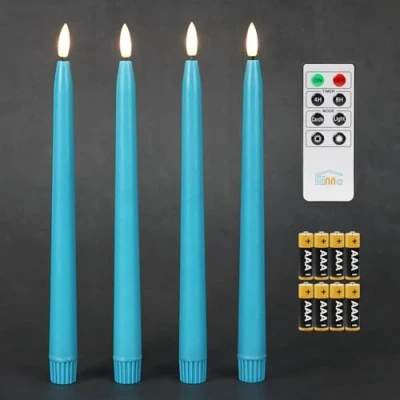 Abbildung von Fanna 4 flammenlose LED Stabkerzen Tafelkerzen Türkis glatte Wachsoberfläche, Leuchterkerzen mit Timer Funktion, Fernbedienung und Batterien enthalten, H. 28 cm