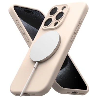 Abbildung von Ringke Magnetic Case Kompatibel mit iPhone 15 Pro Max Hülle 6,7 Zoll MagSafe [Silicone Magnetic] Kameraschutz und Weiches Gefühl Silikon Magnetische Handyhülle Pink Sand