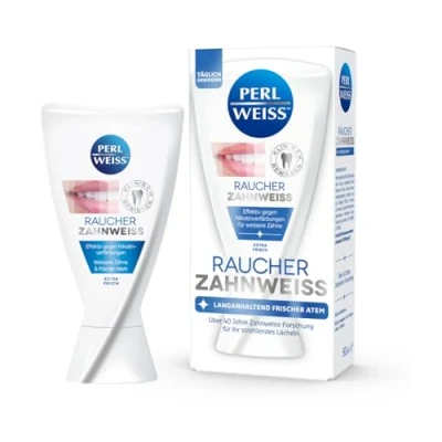 Abbildung von PERLWEISS Raucher Zahnweiss Whitening Zahncreme entfernt effektiv Nikotinverfärbungen &amp; Raucherbeläge mit Perfect White Fresh Formel für frischen Atem Kariesschutz, 50 ml