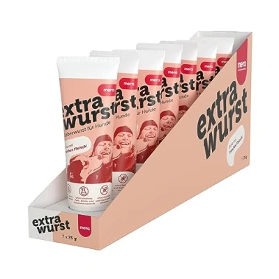 Abbildung von MERA Extrawurst getreidefreie Hundeleberwurst (7x75g), Tube mit viel Frischfleisch und Geschmack, Trainingsleckerli für ausgewachsene Hunde Welpen, ohne Zucker Salz