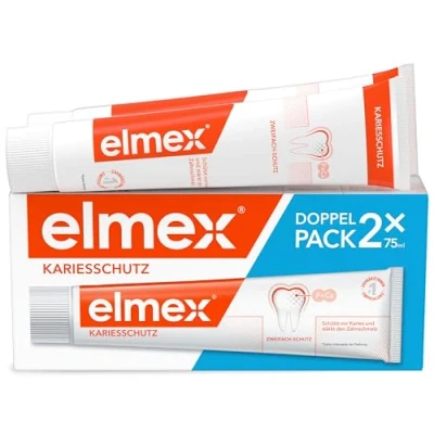 Abbildung von elmex Zahnpasta Kariesschutz 2x75ml medizinische Zahnreinigung für hochwirksamen bietet zweifach aktives Kalzium Fluorid Schutzschild widerstandsfähige Zähne