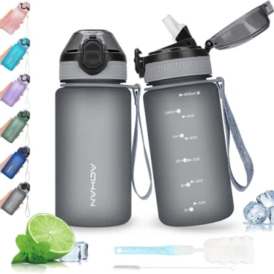Abbildung von AOHAN Trinkflasche 600ML mit auslaufsicherem Klappdeckel, BPA freie Sport Stroh, Wasserflasche Geschirrspüler sichere ungiftiger Wasserkrug Tragegurt