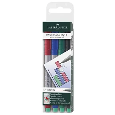 Abbildung von FABER CASTELL 152404 Marker Multimark non permanent, Stärke S, 4er Etui, Inhalt je 1x rot, blau, grün, schwarz