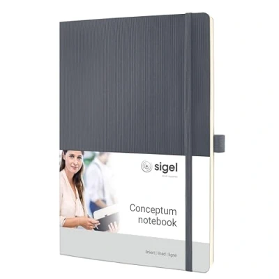 Abbildung von SIGEL CO319 Premium Notizbuch liniert, A4, Softcover, grau, aus nachhaltigem Papier Conceptum mit Seitenzahlen, Inhaltsverzeichnis, Stiftschlaufe, Falttasche