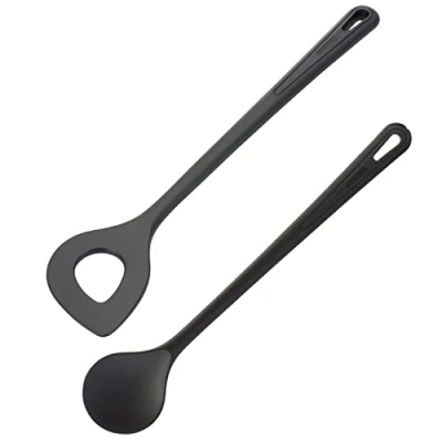 Abbildung von Westmark Spitzlochlöffel + Rühr /Kochlöffel Set, 2tlg., Hochhitzebeständig bis 270 C, Kunststoff, Gentle Plus, Schwarz, 288722E9