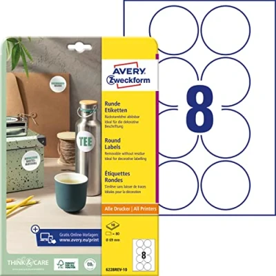 Abbildung von AVERY Zweckform 6228REV 10 runde Etiketten (80 Klebepunkte, Ø69mm auf A4, Aufkleber zum Bedrucken, wieder rückstandsfrei ablösbar/abziehbar, selbstklebende Marmeladenetiketten) Blatt, weiß