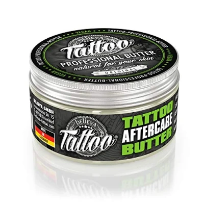 Abbildung von Believa Tattoo Butter Premium Tattoopflege mit veganer Formel und natürlichen Inhaltsstoffen für strahlende Tattoofarben Tägliche Pflege &amp; Aftercare tätowierte Haut 100ml