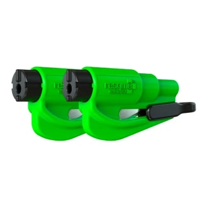 Abbildung von resqme Das Original Notfall Schlüsselanhänger Auto Fluchtwerkzeug, 2 in 1 Sicherheitsgurtschneider und Fensterbrecher, Limettengrün, 2er Pack kompakter Notfallhammer