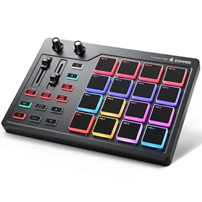 Abbildung von Donner MIDI Pad Controller Keyboard USB Typ C, Professionelle Drum Maschine Beat Maker mit 16 Pads, out, 2 zuweisbare Fader und Knöpfe (STARRYPAD MINI, Schwarz)