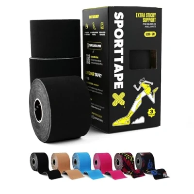 Abbildung von 3 Rollen SPORTTAPE Kinesiologie tape Schwarz 5 cm x m Physio und sport bei verletzungen schmerzen Elastisches, wasserfest hypoallergen muskel