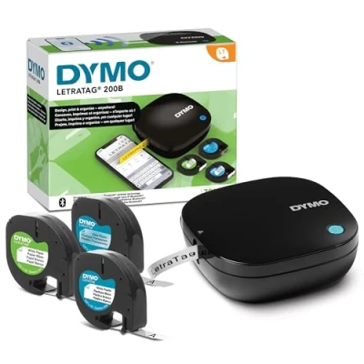 Abbildung von DYMO LetraTag 200B Beschriftungsgerät mit Bluetooth kompakter Etikettendrucker verbindet Sich über Wireless Technologie iOS und Android inklusive 3 x Schriftband