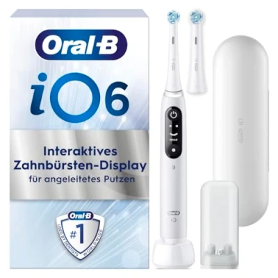 Abbildung von Oral B iO Series 6 Elektrische Zahnbürste/Electric Toothbrush, 2 Aufsteckbürsten, 5 Putzmodi für Zahnpflege, Magnet Technologie, Display &amp; Reiseetui, Designed by Braun, white