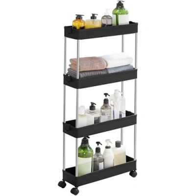 Abbildung von SONGMICS Rollwagen, Küchenwagen mit 4 Ebenen, Küchenregal, Nischenregal, 6 Haken, 360 drehbare Räder, arretierbar, Stahlgestell, Bad, Küche, Büro, schwarz KSC008B01