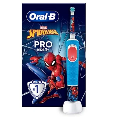 Abbildung von Oral B Pro Kids Spiderman Elektrische Zahnbürste/Electric Toothbrush für Kinder ab 3 Jahren, inklusive Sensitiv+ Modus Zahnpflege, extra weiche Borsten, 1 Aufsteckbürste, 4 Sticker, blau/rot