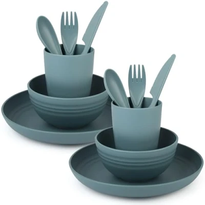 Abbildung von Belle Vous 4 tlg. Camping Geschirr aus Kunststoff Campinggeschirr Set enthält Schüssel Teller Becher Messer Gabel Löffel Picknick Navy Blau