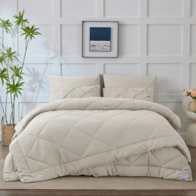 Abbildung von WAVVE Bettdecke 135x200 4 Jahreszeiten 2 teilig Ganzjahresdecke 135x200cm 300gsm+ Sommerdecke 135 x 200 150gsm＝Winterdecke 450gsm, Steppdecke 200x135 für Vierjahreszeiten/Sommer/Winter,Beige