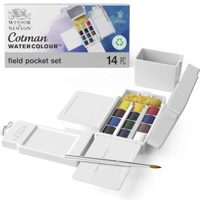Abbildung von Winsor &amp; Newton 0390639 Cotman Field Box Aquarellfarben Set, lebendige Wasserfarben mit hoher Lichtechtheit, große Farbauswahl, Alterungsbeständig 12 Farben in 1/2 Näpfen, Mischpalette, Wassertank