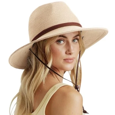 Abbildung von DRESHOW Damen Panama Hut Sommer Breiter Krempe Stroh Fedora Sommerhut Strandhut UV Sonnenhut mit Kinnriemen Verstellbare Strohhut UPF 50 +