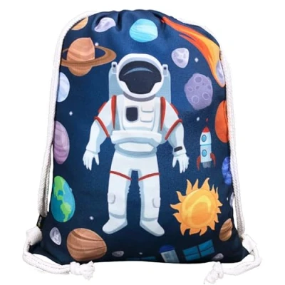 Abbildung von HECKBO Mädchen Jungen Kinder Turnbeutel Astronaut Weltraum Sportkleidung &amp; Trinkflasche Kindergarten, Schule Freizeit Rucksack, Tasche, Sportrucksack, Sportbeutel, Gym