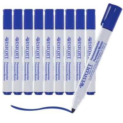 Abbildung von Westcott Permanent Marker 10 Stück Blau 10er Vorteilspack wasserfeste Stifte 1,5 3,0 mm Rundspitze Nachfüllbar, lichtbeständig, schnell trocknend, wischfest E 713007 00