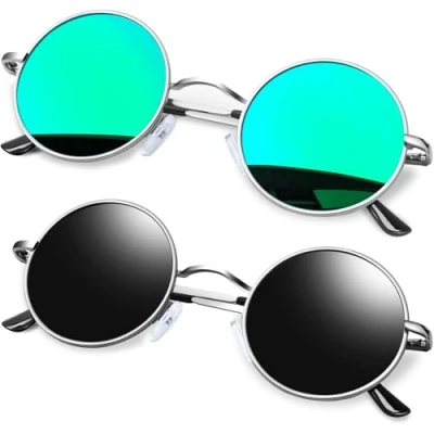 Abbildung von KANASTAL 2er Set Runde Sonnenbrille Herren Damen Retro Polarisierte Rund mit Metallrahmen 90er Hippie Rave Brille UV400 Schutz, Polarisiert Schwarze und Verspiegelt Grün