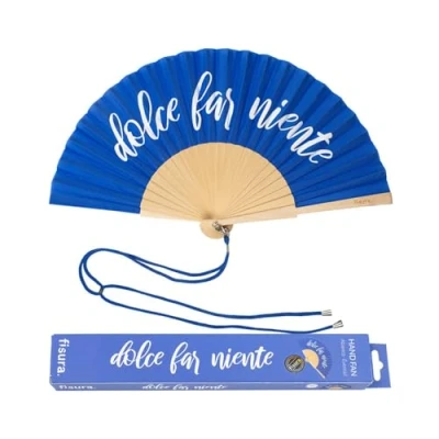 Abbildung von FISURA Origineller Handfächer mit der Botschaft Dolce far niente. Moderner und humorvoller Holzfächer. Blau weißer Fächer. Fächer Fächerhalter. Maße: 42,5 x 23 cm.