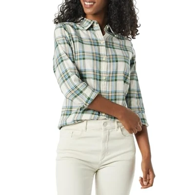 Abbildung von Amazon Essentials Damen Leichtes, Langärmeliges, Kariertes Flanellhemd, Klassischer Schnitt, Elfenbein Grün Alpenplaid, M