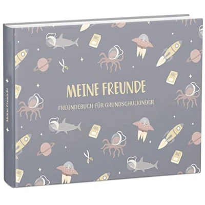 Abbildung von mintkind® „Meine Schulfreunde“ Freundebuch Schule Mädchen &amp; Jungen Weltraum Design Freundschaftsbuch Grundschule Meine Freunde Buch Geschenk zur Einschulung Schulfreundebuch zum Ausfüllen