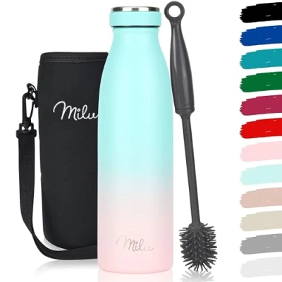 Abbildung von Milu Edelstahl Trinkflasche 350ml, 500ml, 750ml, 1L, 1,5L Thermosflasche für Kinder Erwachsene auslaufsicher Isolierflasche Kohlensäure geeignet inkl. Reinigungsbürste (Mint Pink, 500ml)