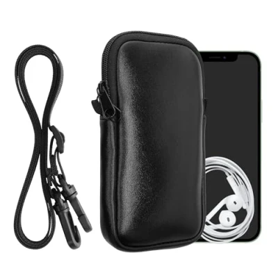 Abbildung von kwmobile Handytasche für Smartphones L 6,5&quot; Neopren Handy Hülle Metallic Schwarz mit Kordel Tasche Handykette 16,5 x 8,9 cm Innenmaße