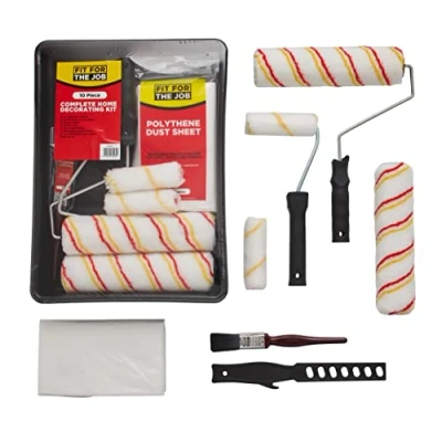 Abbildung von Fit For The Job 10 teiliges Heimdekorationsset, Farbroller und wannen Set mit Pinsel, Staubschutzfolie, Rührer Rollenset sowie Mini Roller zum Auftragen von Dispersionsfarbe an Wänden Decken