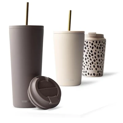 Abbildung von MAMEIDO Thermobecher mit Strohhalm 700ml &amp; 470ml Trinkbecher Deckel und aus Edelstahl doppelwandig isoliert, auslaufsicher Coffee to go Becher (Taupe Grey, 0,7l)