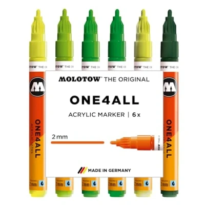Abbildung von Molotow One4All 127HS Acryl Marker Green Set (2,0 mm Strichstärke, hochdeckend und permanent, schnell trocknend, nachfüllbar, für fast alle Untergründe) 6 Stück sortiert