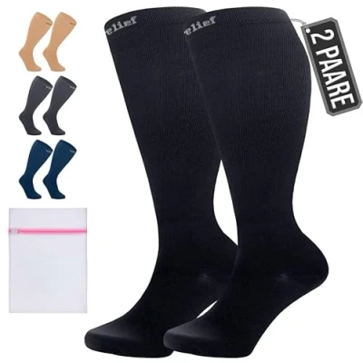 Abbildung von 360 Relief Kompressionsstrümpfe Damen und Herren 2 Paare Kompressionssocken Einfarbig für Sport, Laufen, Flug, Reise, Joggen, Radsport, kniestrümpfe, 4XL Schwarz mit Wäschenetz