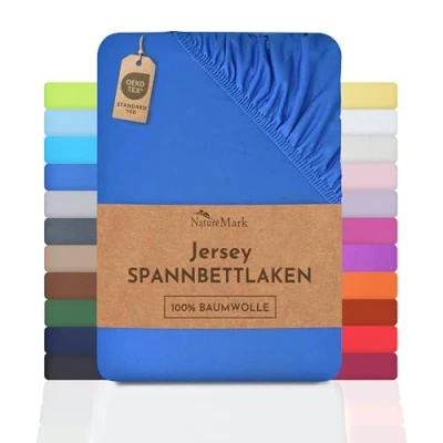 Abbildung von NatureMark Jersey Spannbettlaken, Spannbetttuch 100% Baumwolle in vielen Größen und Farben MARKENQUALITÄT ÖKOTEX Standard 100 180 x 200 cm royal blau