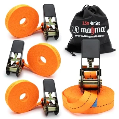 Abbildung von MAGMA 4 Spanngurte mit Ratsche 3,5m I Befestigungsriemen, Dachträger, Anhänger Längenverstellbare Spannriemen Binden Sie Kajak, Surfbrett, Kanu, Fahrrad, Motorrad Last: 1600kgf/Unit. Orange