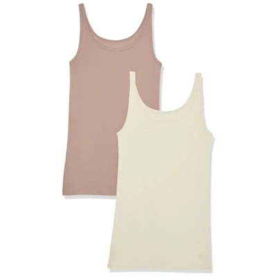 Abbildung von Amazon Essentials Damen Schmal geschnittenes Tanktop mit dünnem Trägern, 2er Pack, Dunkles Taupe, S