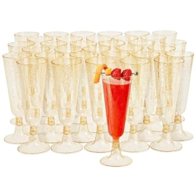 Abbildung von MATANA 50 Premium Sektgläser Plastik mit Goldglitter, 150ml Mehrweg, Kunststoff, Champagner Gläser für Cocktail, Dessert Party, Hochzeit
