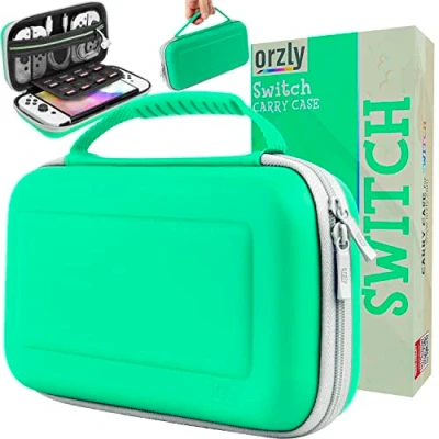 Abbildung von Orzly Tragetasche für Nintendo Switch OLED Konsole mit Zubehör und Spiele Ablagefach leicht zu reinigende Hülle in Geschenkverpackung, grün/weiß, Reinigbares waschbares Material