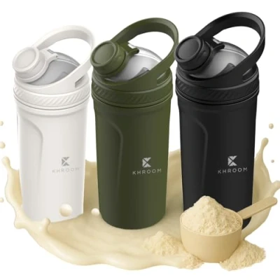 Abbildung von Khroom Eiweiß Protein Shaker 700ml mit Thermofunktion aus Edelstahl Intelligenter Sieb für Smoothies Edelstahlbecher Metall (Grün)