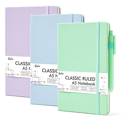 Abbildung von feela Notizbuch A5 liniert Hardcover, 3 buntes Notizbücher Set, Journal Buch mit Gelstifte schwarz, 120 GSM, 13x21cm, Notizblock Set geeignet für Büro, Schule, Kinder und Erwachsene, Din