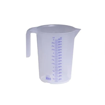 Abbildung von hünersdorff Messbecher 3l Polypropylen (PP) bruchsicher und spülmaschinengeeignet offener Griff blaue Skala, Transparent+blau