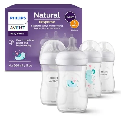 Abbildung von Philips Avent Natural Response Geschenkset für Babys: 4 Babyfläschchen (260 ml) mit T3 Saugern (ab 1 Monat), SCY903/61