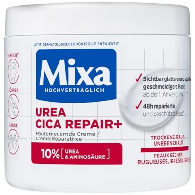 Abbildung von Mixa Urea hauterneuernde Creme mit &amp; Niacinamide, für trockene und raue unebene Haut, repariert glättet, Feuchtigkeitspflege den Körper, Hände Gesicht, Cica Repair+, 400 ml