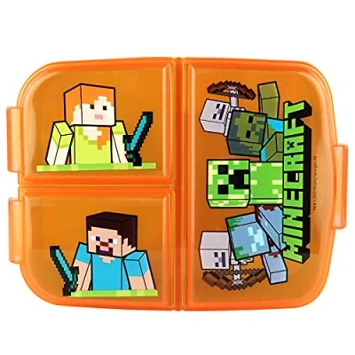 Abbildung von p:os Minecraft Brotdose für Kinder mit 3 Fächern, Lunchbox aus Kunststoff Clip Verschlüssen, Vesperdose Kindergarten, Schule und Freizeit