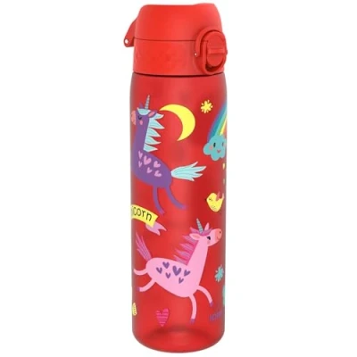Abbildung von ion8 Trinkflasche, 500 ml, Auslaufsicher, Einhandöffnung, Sichere Verriegelung, Spülmaschinenfest, BPA frei, Tragegriff, Klappdeckel, Leicht zu Reinigen, Klimaneutral, Rot Einhörner